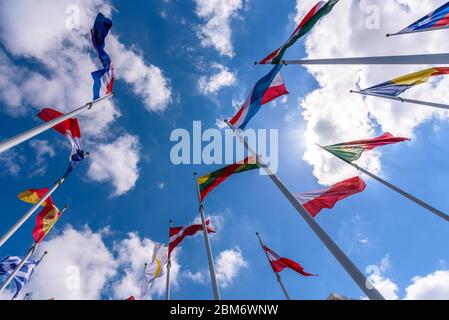 Bandiere dei paesi membri dell'Unione europea che si battono al vento contro un cielo blu con nuvole bianche, di fronte alla Corte di giustizia, Lussemburgo. Foto Stock