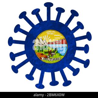 Bandiera di Stato del Montana con virus corona o batteri - isolato su bianco Foto Stock