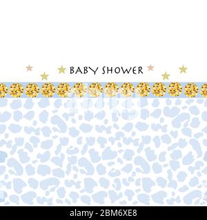 Biglietto di auguri per l'acquazzone del bambino. Motivo Blue leopard con glitter e cerchio d'oro e pois di polka. Design del tessuto senza cuciture. Carta da imballaggio, bambino Illustrazione Vettoriale