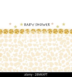 Biglietto di auguri per l'acquazzone del bambino. Motivo leopardato con glitter e cerchio d'oro e pois di polka. Design del tessuto senza cuciture. Carta da imballaggio, bambino Illustrazione Vettoriale