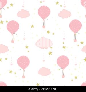 Palloncino ad aria calda, nuvole e motivo di sfondo senza cuciture stelle brillanti per il vettore di disegno del tessuto. Bambini, stanza del bambino, carta da parati, acquazzone del bambino, compleanno Illustrazione Vettoriale