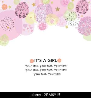 È una ragazza. Biglietto d'auguri per l'acquazzone del bambino con biglietto d'auguri quadrato, stelle, cuori e rose Illustrazione Vettoriale