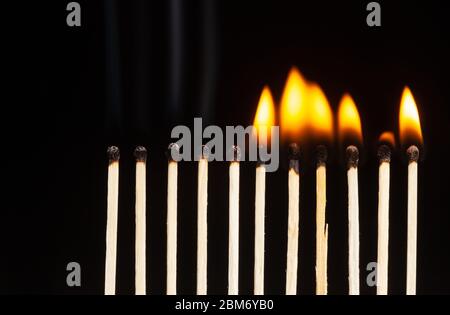 Una fila di undici fiammiferi bruciati e bruciati su uno sfondo nero. Foto Stock