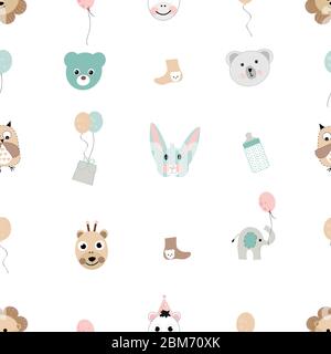 Animali carini e palloncino. Biglietto di auguri per l'acquazzone del bambino. Welcomme, biglietto d'auguri per l'arrivo del bambino, poster senza cuciture per la desinatura del tessuto Illustrazione Vettoriale
