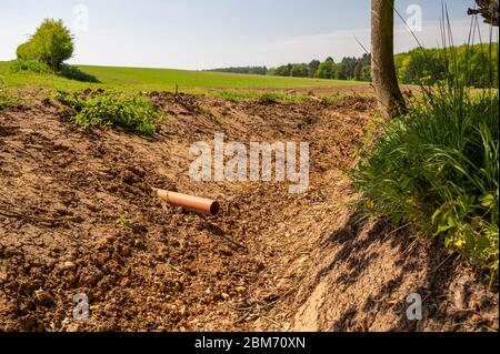 Fossato di drenaggio vicino alberi a bordo di campo. Foto Stock