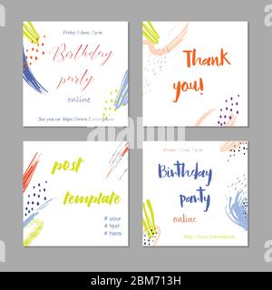 Set di cartoline alla moda. Design astratto. Invito a un party online. Modello moderno del blog. Cartoline quadrate e ringraziare cards.Post festa di compleanno Illustrazione Vettoriale