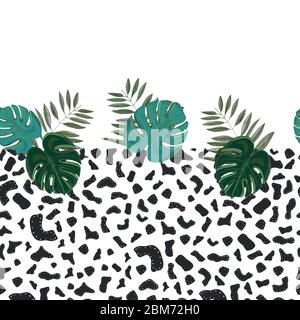Motivo leopardo con foglie di mostera disegnate a mano . Border design tropicale vettore senza cuciture motivo floreale sfondo. Bella illustrazione decorativa Illustrazione Vettoriale