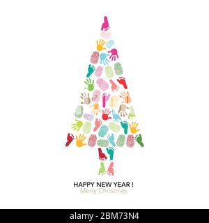 Albero di Natale con impronte digitali, mano, impronta a pedale. Buon biglietto di auguri per il nuovo anno Illustrazione Vettoriale