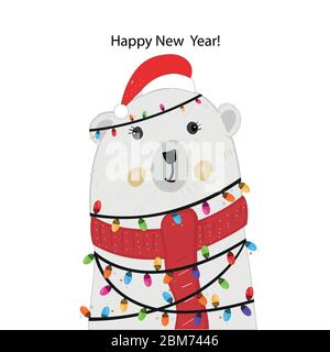 Orso polare con lampadina colorata. Buon biglietto di auguri per il nuovo anno Illustrazione Vettoriale