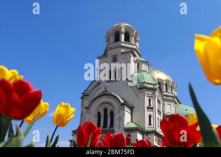 La Cattedrale Alexander Nevsky a Sofia incorniciato da alberi e fiori di parchi circostanti, Bulgaria Foto Stock