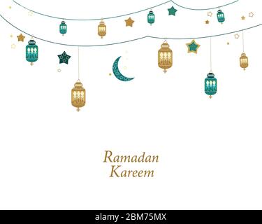 Ramadan Kareem oro e verde colorato con lampade, mezzaluna e stelle. Lanterna tradizionale del biglietto d'auguri Ramadan Illustrazione Vettoriale