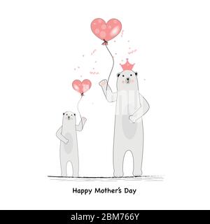 Madre orso polare. Orso Mama. Carino orso polare tenendo palloncino cuore. Biglietto di auguri per il giorno della mamma Illustrazione Vettoriale