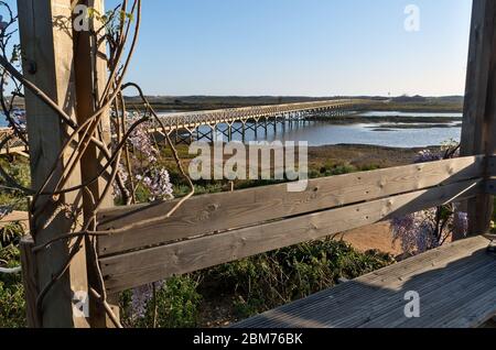 Ponte Quinta do Lago dalla panchina del parco. Algarve, Portogallo Foto Stock