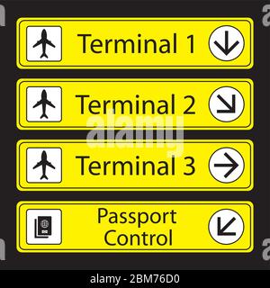 Cartelli gialli dell'aeroporto con pittogrammi monocromatici, isolati su sfondo nero, illustrazione vettoriale. Illustrazione Vettoriale