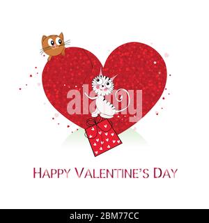 Cuori rossi brillanti con gatti carini. Biglietto di auguri per buon San Valentino Illustrazione Vettoriale