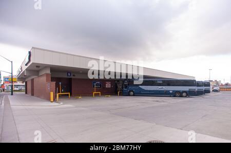 Londra, Canada - 7 maggio 2020. Greyhound Canada ha annunciato oggi che cesserà temporaneamente le operazioni in tutto il Canada con 400 licenziamenti. Foto Stock