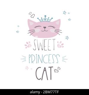 Carino testa di gatto con corona e lettere - dolce principessa gatto, illustrazione vettoriale Illustrazione Vettoriale