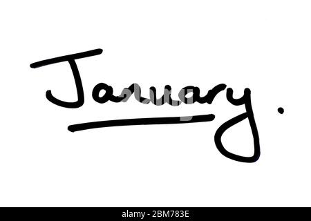 Gennaio scritto a mano su sfondo bianco. Foto Stock