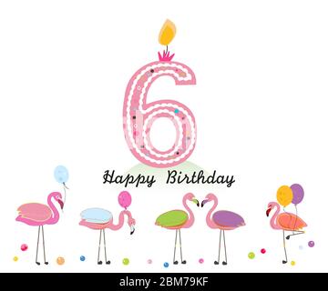 Sei candele. Buona lettera di candela di compleanno sesto. Uccelli esotici. Set di diversi fenicotteri. Fenicottero colorato Illustrazione Vettoriale