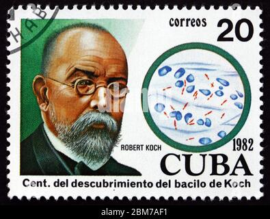 CUBA - CIRCA 1982: Un francobollo stampato a Cuba dedicato alla scoperta del bacillo tubercolare del dr. Robert Koch, circa 1982 Foto Stock