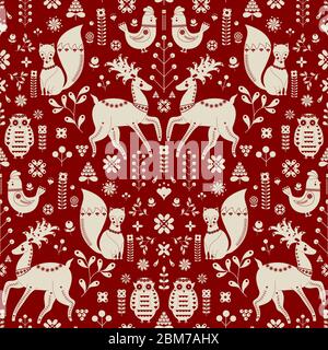 Modello natalizio con motivi ispirati al folk scandinavo su sfondo rosso in una ripetizione riflessa del cuoio capelluto. Folklore scandinavo di Natale Illustrazione Vettoriale