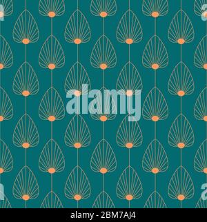 Elegante motivo vintage in stile Art Déco senza cuciture con motivi floreali/a ventaglio in rame su sfondo verde scuro. L'art deco di colore arancione e teale si ripete Illustrazione Vettoriale