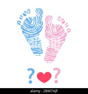 Baby footprint fatto di impronte digitali. Presto in arrivo il bambino. Simbolo di rivelazione del sesso del bambino. Ragazza, ragazzo, bambino gemello simbolo. Gradini. Bambina. Bambino ragazzo Illustrazione Vettoriale