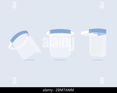 Facciale medico con maschera in foglio di plastica trasparente. Attrezzature per proteggere il viso del personale da virus o rischi tossici. Illustrazione Vettoriale