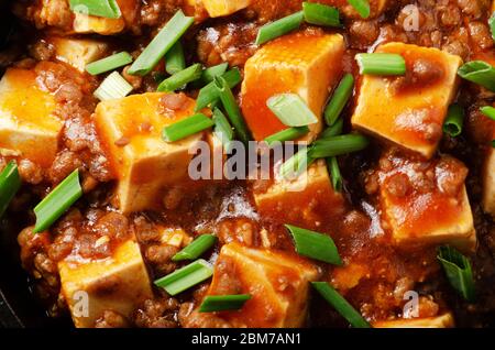 Mapo tofu in padella di ghisa con salsa di soia di erba cipollina tritata di maiale aglio e spezie di pepe di sichuan. Vista a disposizione piatta Foto Stock