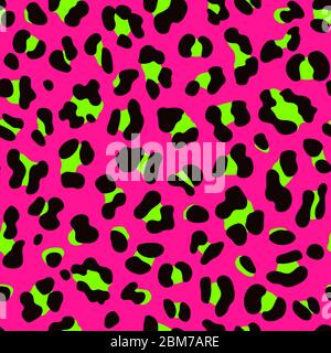 Stile punk rock stile anni '80/80. Motivo in pelle leopardata Faux senza cuciture con macchie verdi al neon su sfondo rosa. Stampa animale vettoriale Illustrazione Vettoriale