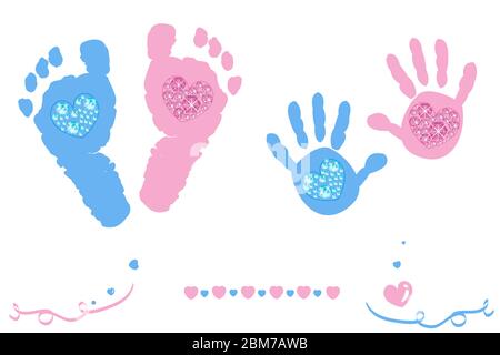 Twin baby girl e ragazzo piedi e mano stampa carta di arrivo rosa, blu colorato con brillanti diamanti cuori sfondo Illustrazione Vettoriale