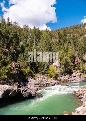 La ferrovia a scartamento ridotto da Durango a Silverton che attraversa le Montagne Rocciose lungo il fiume Animas, negli Stati Uniti del Colorado Foto Stock