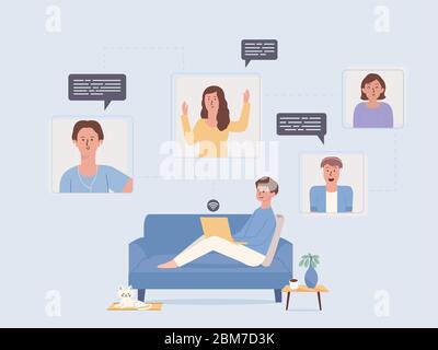 Uomo che si rilassa sul divano e che usa una videoconferenza con un computer portatile per contrarre molte persone allo stesso tempo. Illustrazione Vettoriale