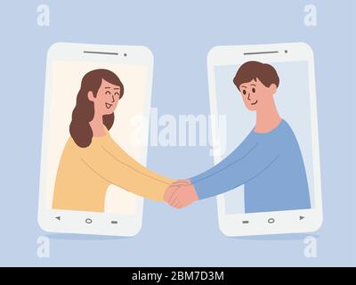 Persone felici fuori dallo schermo del telefono e saluto con handshake le videochiamate via smartphone cambiano alla nuova normale della gente comune. Illustrazione Vettoriale