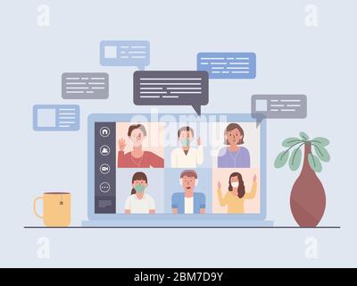 Lo schermo del notebook mostra una videoconferenza di un team aziendale. Persone che si riunano online via Internet. Illustrazione sul nuovo comportamento normale e nuovo o Illustrazione Vettoriale