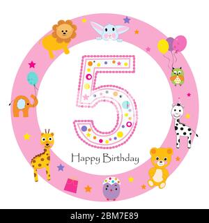 Quinto biglietto di auguri per bambina di compleanno. Felice candela di quarto compleanno e animali primo compleanno Illustrazione Vettoriale