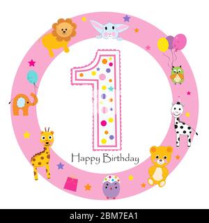 Biglietto di auguri per la prima ragazza di compleanno. Felice candela di primo compleanno e animali primo compleanno Illustrazione Vettoriale
