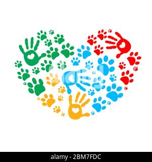 Paw in mani. Stampa Dog PAW fatta di sfondo colorato di illustrazione vettoriale del cuore Illustrazione Vettoriale