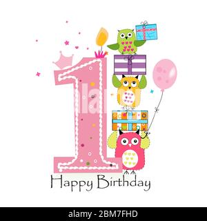 SVG, Vettoriale - Buon Quarto Compleanno Con Gufi E Confezioni Regalo.  Bambina Di Compleanno Illustrazione Biglietto Di Auguri Di Vettore. Image  66080326