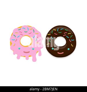 Illustrazione vettoriale di ciambelle al cioccolato e smalto rosa in stile kawaii su un bianco Illustrazione Vettoriale