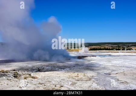 Il vapore che si innalza da Clepsydra Geyser mentre erutta su Fire Hole Lake Drive, Yellowstone National Park, Wyoming. Foto Stock