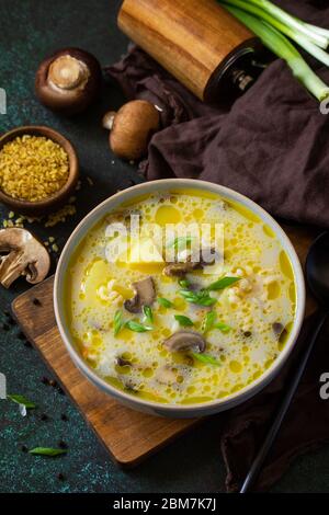 Dieta e concetto di alimentazione sana. Zuppa reale di crema di funghi con bulgaro su sfondo di pietra scura. Foto Stock