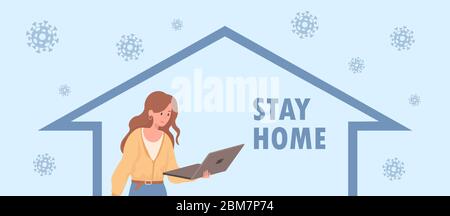 Rimani a casa e combatti il design dei banner di Coronavirus. Donna con figlia che lavora a casa su notebook vettoriale illustrazione piatta. Quarantena, autoisolamento, freelance durante lo scoppio globale di Coronavirus. Illustrazione Vettoriale