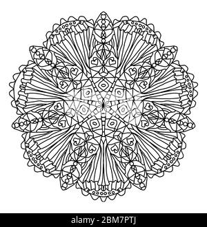 Pagina di colorazione Mandala. Fiore composto da 14 petali con un motivo simmetrico costituito da strisce verticali, cuori, cerchi su sfondo bianco Illustrazione Vettoriale