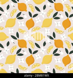 Motivo estivo senza cuciture. Limoni, foglie e fiori interi e tagliati. Tessuti mediterranei, tessuti o disegno scrapbooking con agrumi e. Illustrazione Vettoriale