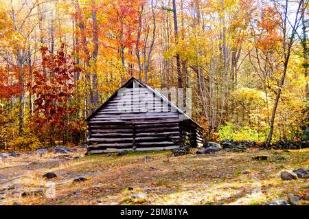 Una vecchia cabina nelle Smoky Mountains in autunno Foto Stock