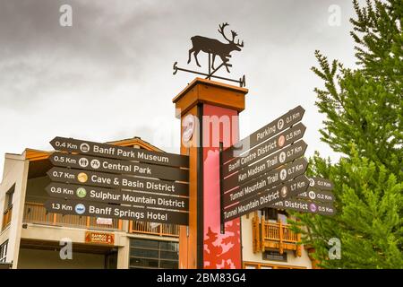 BANFF, AB, Canada - Giugno 2018: informazioni turistiche segno indicante la direzione per le attrazioni locali a Banff. Foto Stock