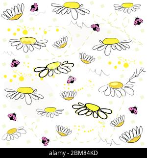 Daisy giallo e uccello signora. Primavera fiori vettore modello sfondo Illustrazione Vettoriale