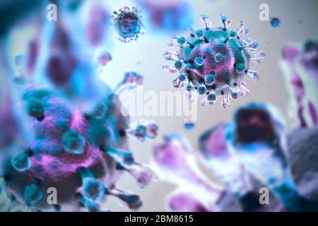 Agente patogeno del coronavirus COVID-19 sotto microscopio. Illustrazione medica. Rendering 3D. Foto Stock