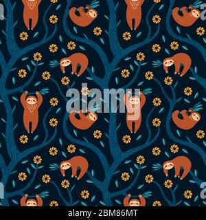 Slots tropicale senza cuciture pattern. Animali carini appesi sui rami dell'albero. Stampa esotica scura. Illustrazione vettoriale piatta. Illustrazione Vettoriale